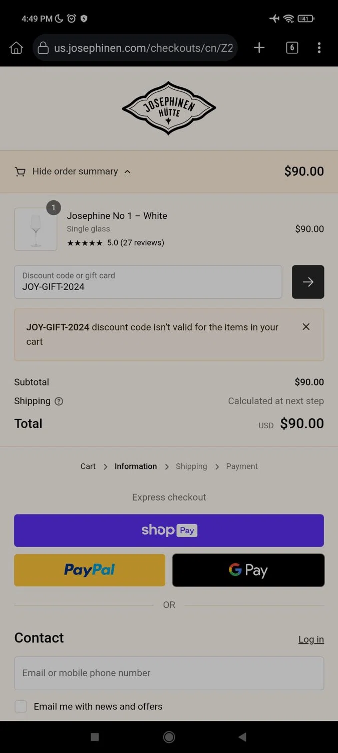 Josephinenhütte checkout page showing Josephinenhütte promo code box | Screenshot taken by SimplyCodes community member on May 1, 2024