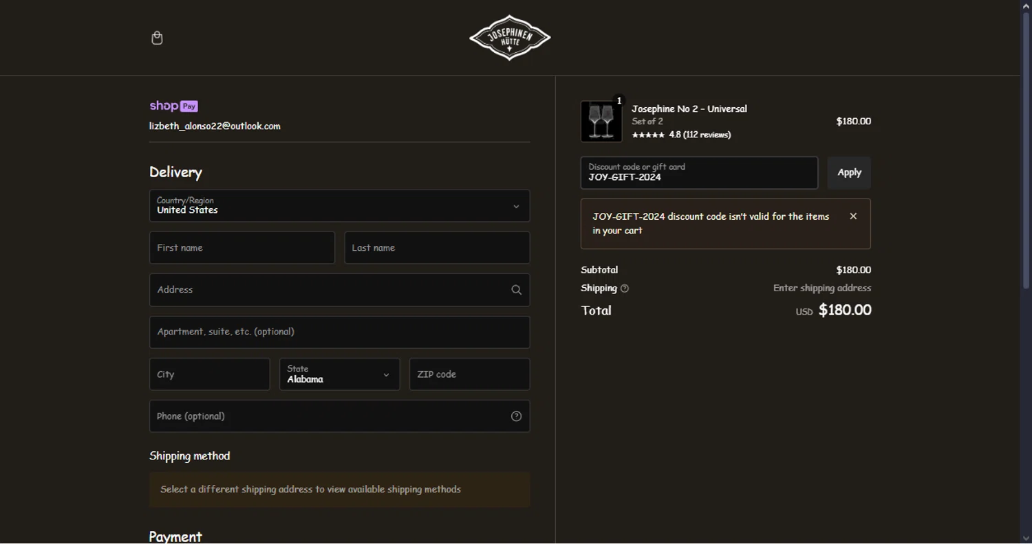 Josephinenhütte checkout page showing Josephinenhütte promo code box | Screenshot taken by SimplyCodes community member on May 1, 2024
