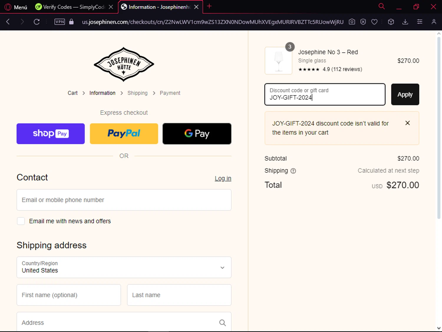 Josephinenhütte checkout page showing Josephinenhütte promo code box | Screenshot taken by SimplyCodes community member on May 1, 2024