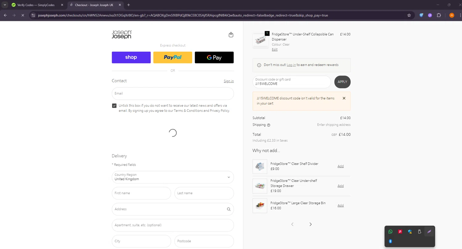 Joseph Joseph discount code screenshot showing code JJ15WELCOME applied at Joseph Joseph checkout page. Uploaded by SimplyCodes community member Davoxeneixe on Nov 7, 2025