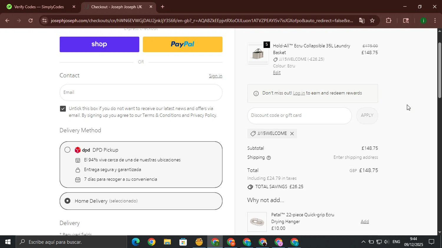 Joseph Joseph discount code screenshot showing code JJ15WELCOME applied at Joseph Joseph checkout page. Uploaded by SimplyCodes community member jorgeroz on Dec 9, 2025