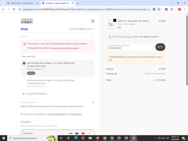 Joseph Joseph checkout page showing Joseph Joseph discount code box | Screenshot taken by SimplyCodes community member on Sep 24, 2025