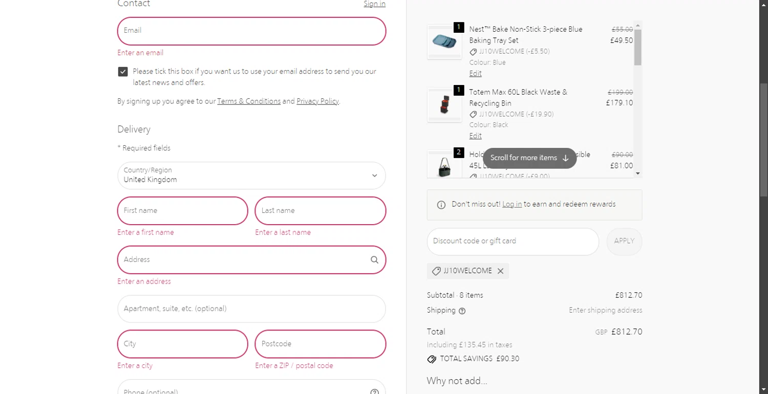 Joseph Joseph discount code screenshot showing code JJ10WELCOME applied at Joseph Joseph checkout page. Uploaded by SimplyCodes community member SavvyHawk1474 on Oct 22, 2025