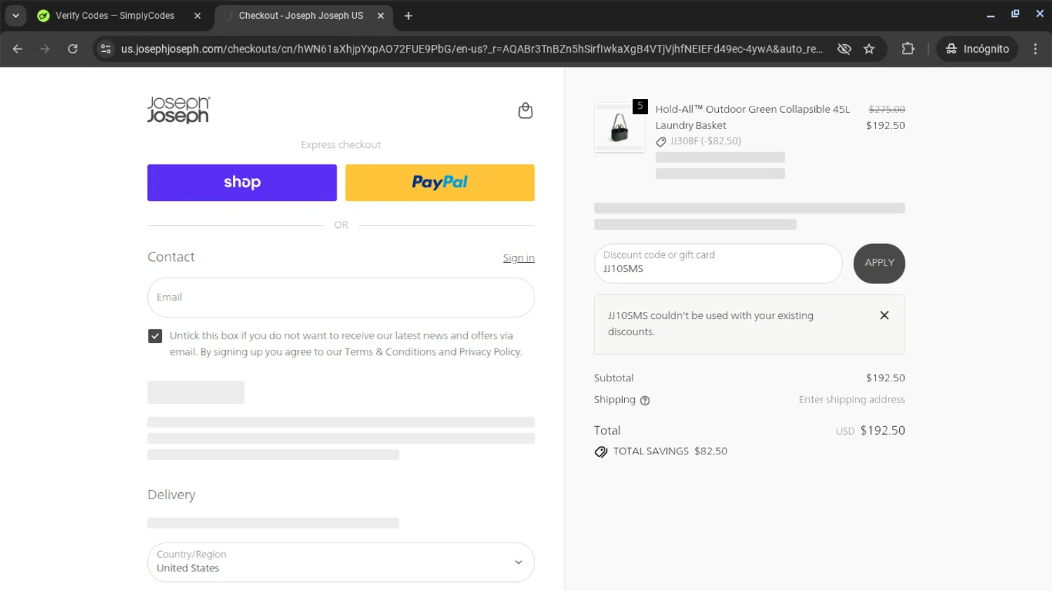 Joseph Joseph discount code screenshot showing code JJ10SMS applied at Joseph Joseph checkout page. Uploaded by SimplyCodes community member AVAMUSTANG on Dec 4, 2025