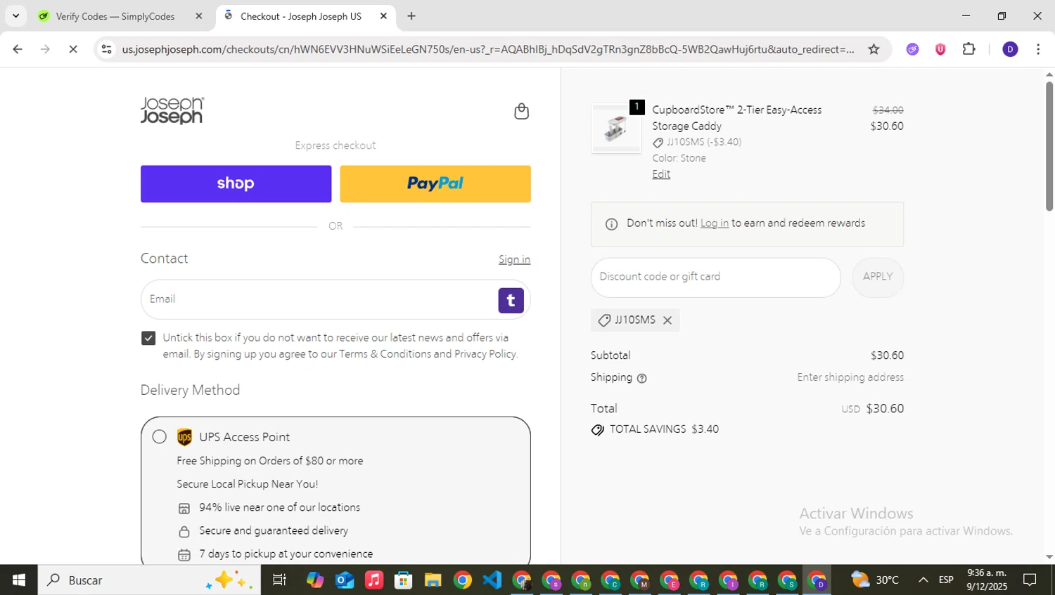Joseph Joseph discount code screenshot showing code JJ10SMS applied at Joseph Joseph checkout page. Uploaded by SimplyCodes community member PrimeNavigator3251 on Dec 9, 2025