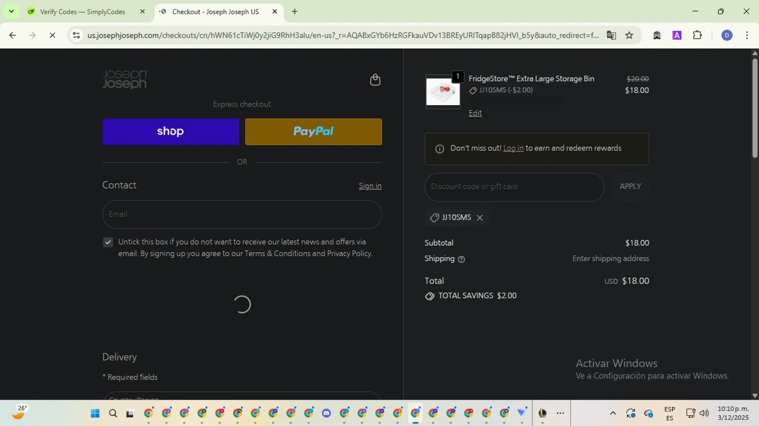 Joseph Joseph discount code screenshot showing code JJ10SMS applied at Joseph Joseph checkout page. Uploaded by SimplyCodes community member VoucherTitan8325 on Dec 4, 2025