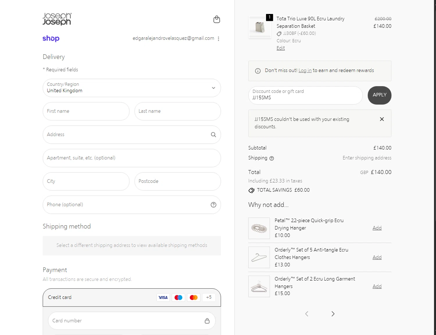 Joseph Joseph discount code screenshot showing code JJ15SMS applied at Joseph Joseph checkout page. Uploaded by SimplyCodes community member ValiantLion5897 on Nov 18, 2025