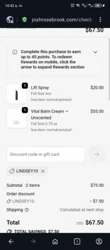 LINDSEY10 coupon verification screenshot