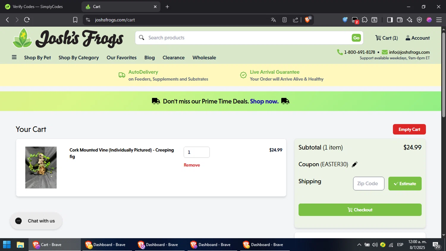 Josh's Frogs coupon code screenshot showing code EASTER30 applied at Josh's Frogs checkout page. Uploaded by SimplyCodes community member Cynoxx on Jul 8, 2025