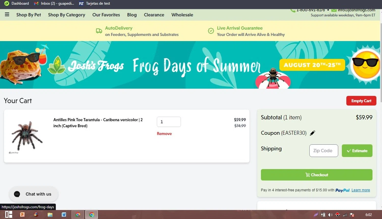 Josh's Frogs coupon code screenshot showing code EASTER30 applied at Josh's Frogs checkout page. Uploaded by SimplyCodes community member PaticoBel on Aug 24, 2025