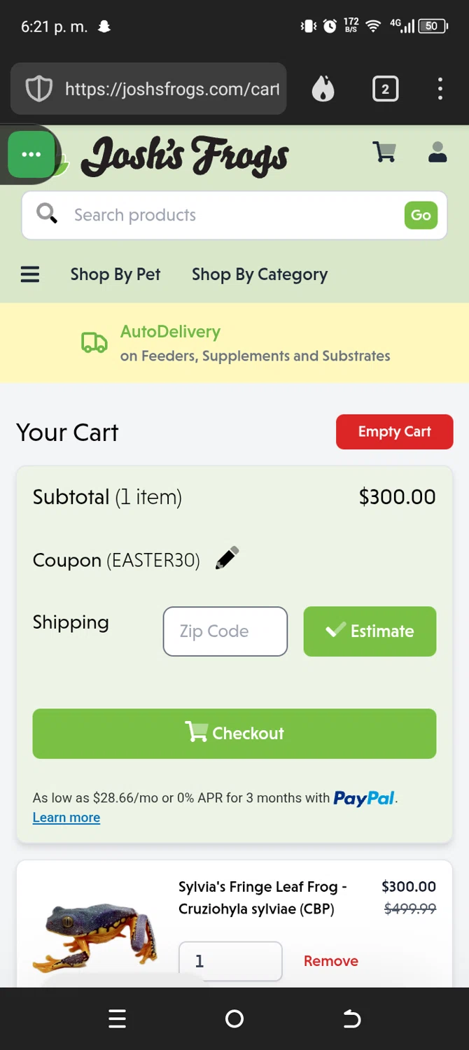 Josh's Frogs coupon code screenshot showing code EASTER30 applied at Josh's Frogs checkout page. Uploaded by SimplyCodes community member Sanchezcarol on Jun 22, 2025