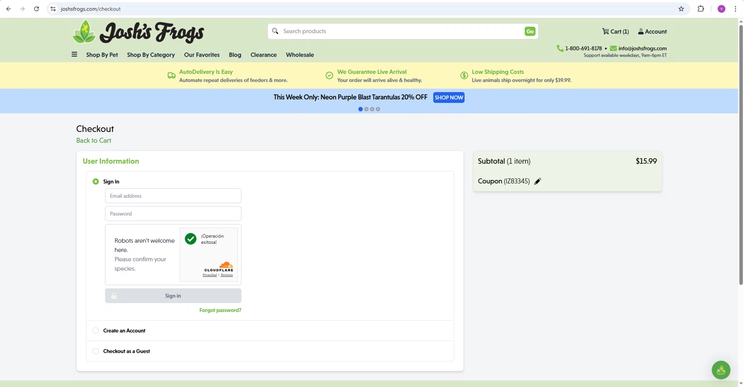 Josh's Frogs checkout page showing Josh's Frogs coupon code box | Screenshot taken by SimplyCodes community member on Jan 20, 2026