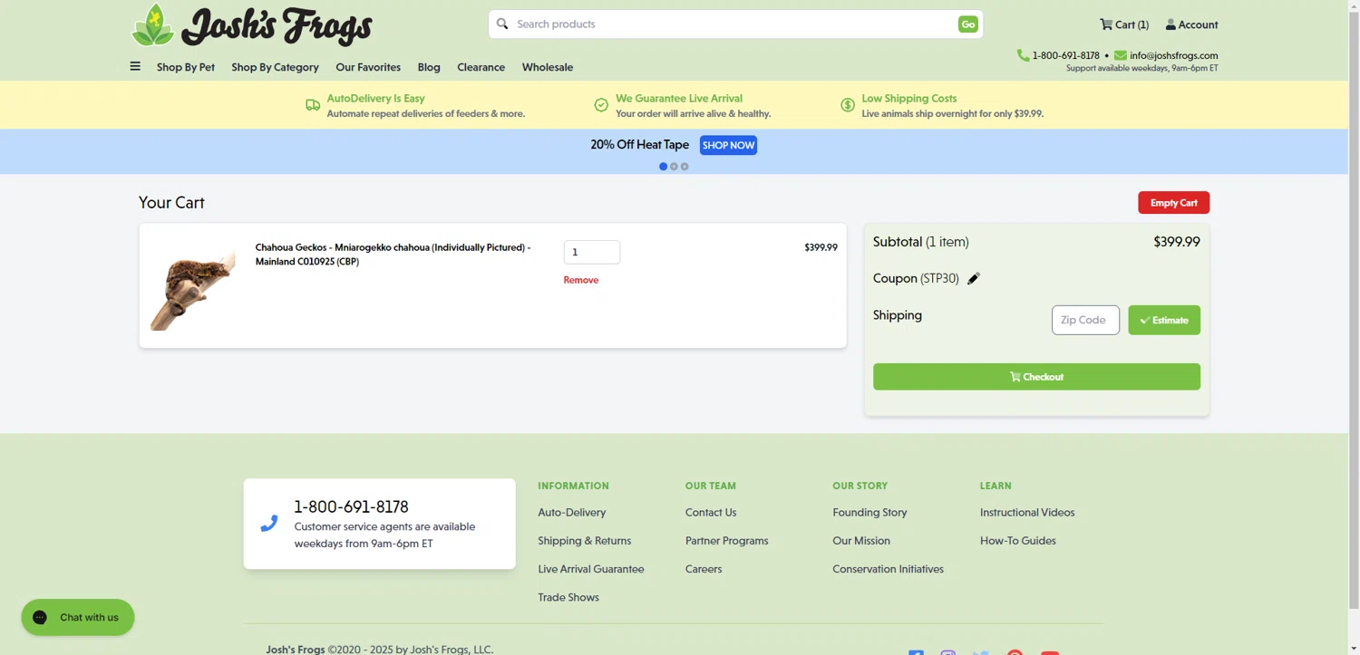 Josh's Frogs coupon code screenshot showing code STP30 applied at Josh's Frogs checkout page. Uploaded by SimplyCodes community member CodeGuardian5312 on Oct 13, 2025