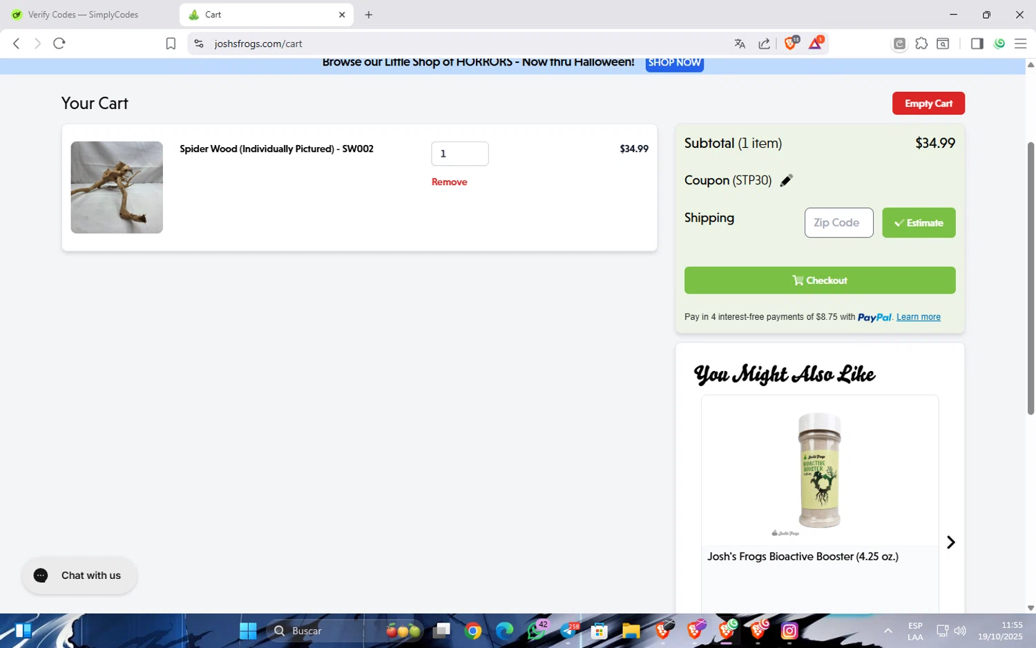 Josh's Frogs coupon code screenshot showing code STP30 applied at Josh's Frogs checkout page. Uploaded by SimplyCodes community member Widopalacios on Oct 19, 2025