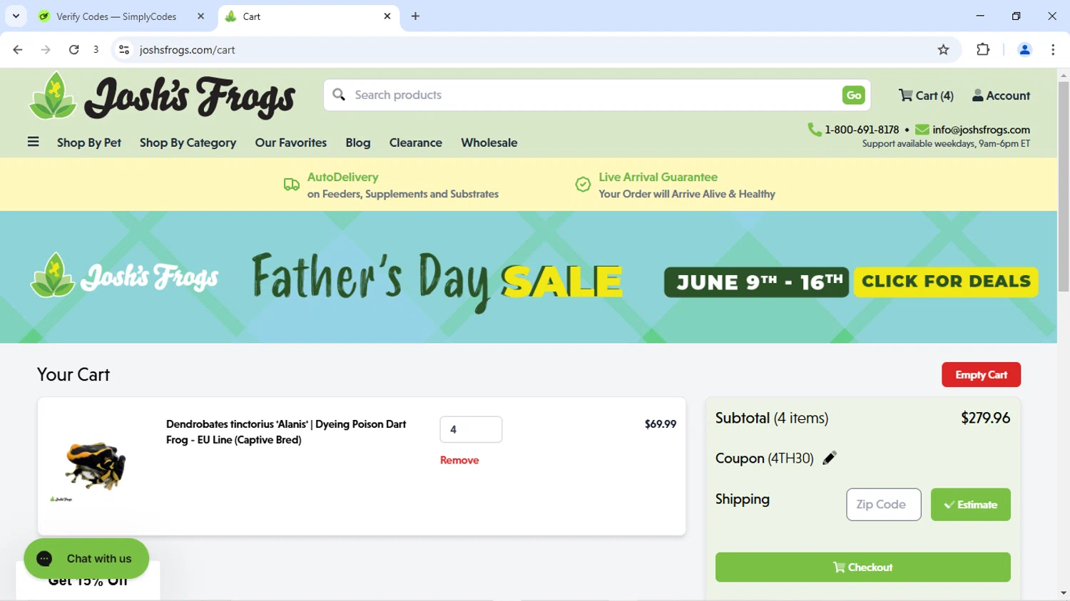 Josh's Frogs coupon code screenshot showing code 4TH30 applied at Josh's Frogs checkout page. Uploaded by SimplyCodes community member JoseVentura on Jun 13, 2025