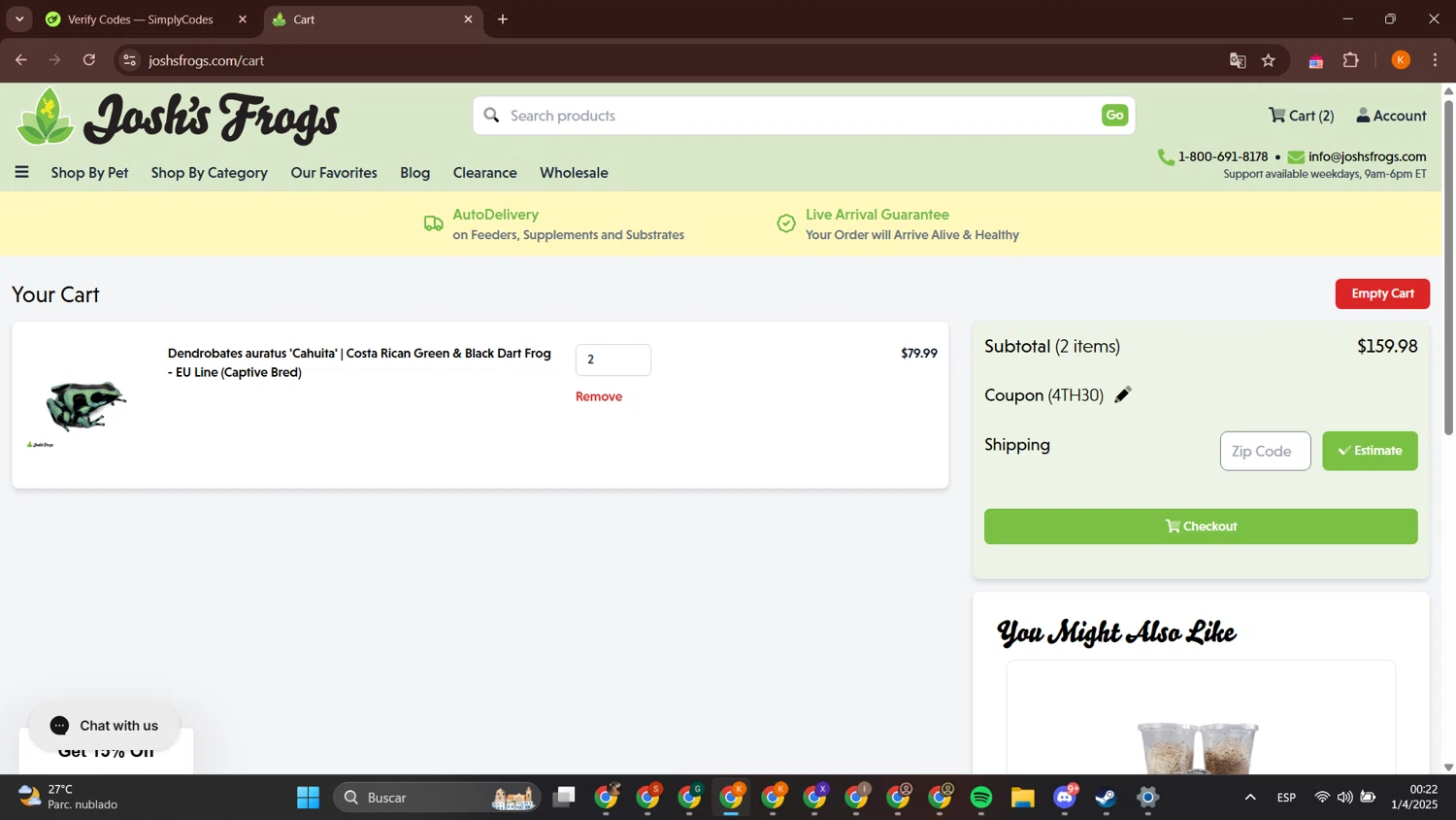 Josh's Frogs coupon code screenshot showing code 4TH30 applied at Josh's Frogs checkout page. Uploaded by SimplyCodes community member BonusCurator3058 on Apr 1, 2025