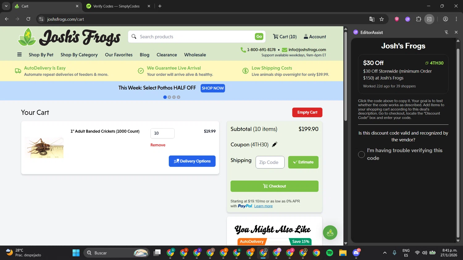 Josh's Frogs coupon code screenshot showing code 4TH30 applied at Josh's Frogs checkout page. Uploaded by SimplyCodes community member gengarpirone292ca7 on Jan 28, 2026