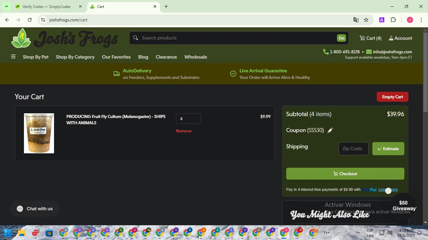 Josh's Frogs coupon code screenshot showing code SSS30 applied at Josh's Frogs checkout page. Uploaded by SimplyCodes community member WiseAdmiral7334 on Jan 11, 2025