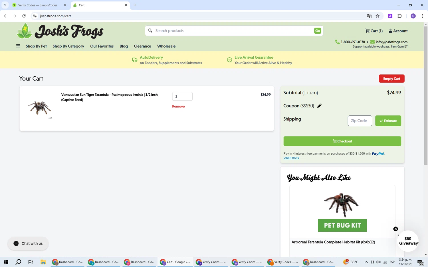 Josh's Frogs coupon code screenshot showing code SSS30 applied at Josh's Frogs checkout page. Uploaded by SimplyCodes community member BudgetHawk9503 on Jan 11, 2025