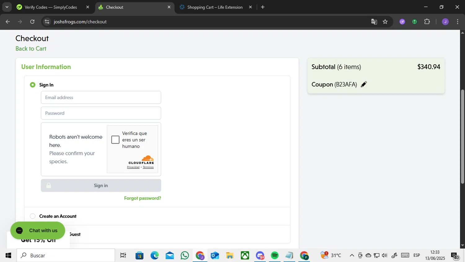 Josh's Frogs coupon code screenshot showing code B23AFA applied at Josh's Frogs checkout page. Uploaded by SimplyCodes community member ENCARAMESSI on Jun 13, 2025