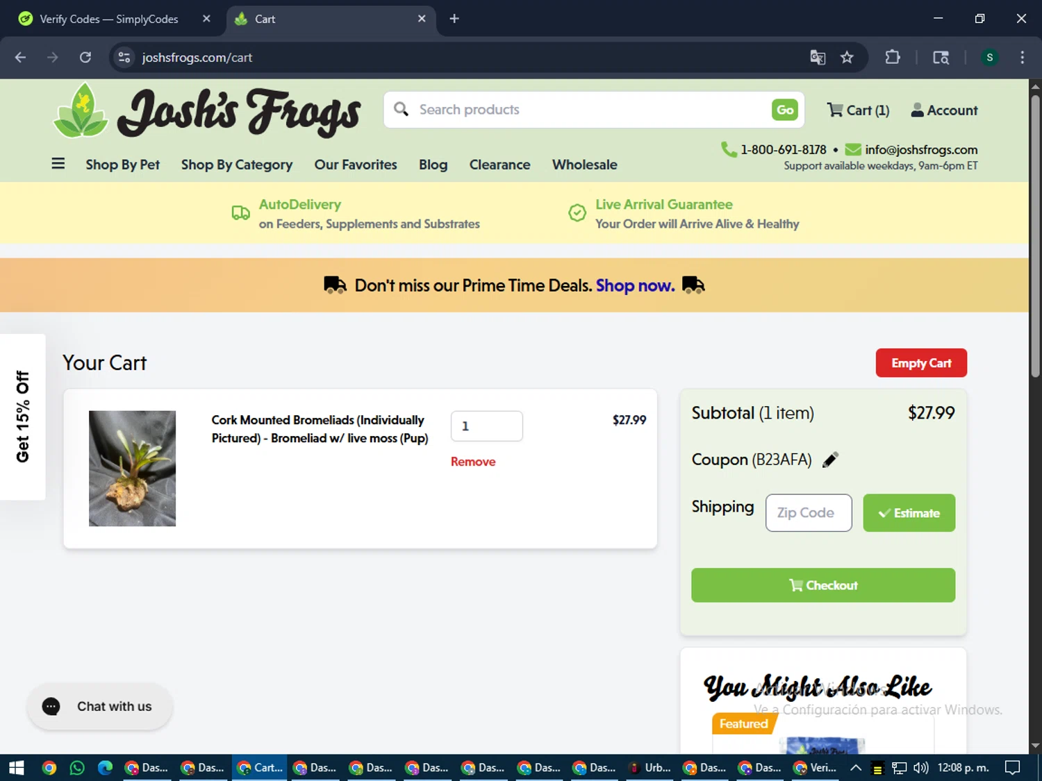 Josh's Frogs coupon code screenshot showing code B23AFA applied at Josh's Frogs checkout page. Uploaded by SimplyCodes community member lilMosey on Jul 12, 2025