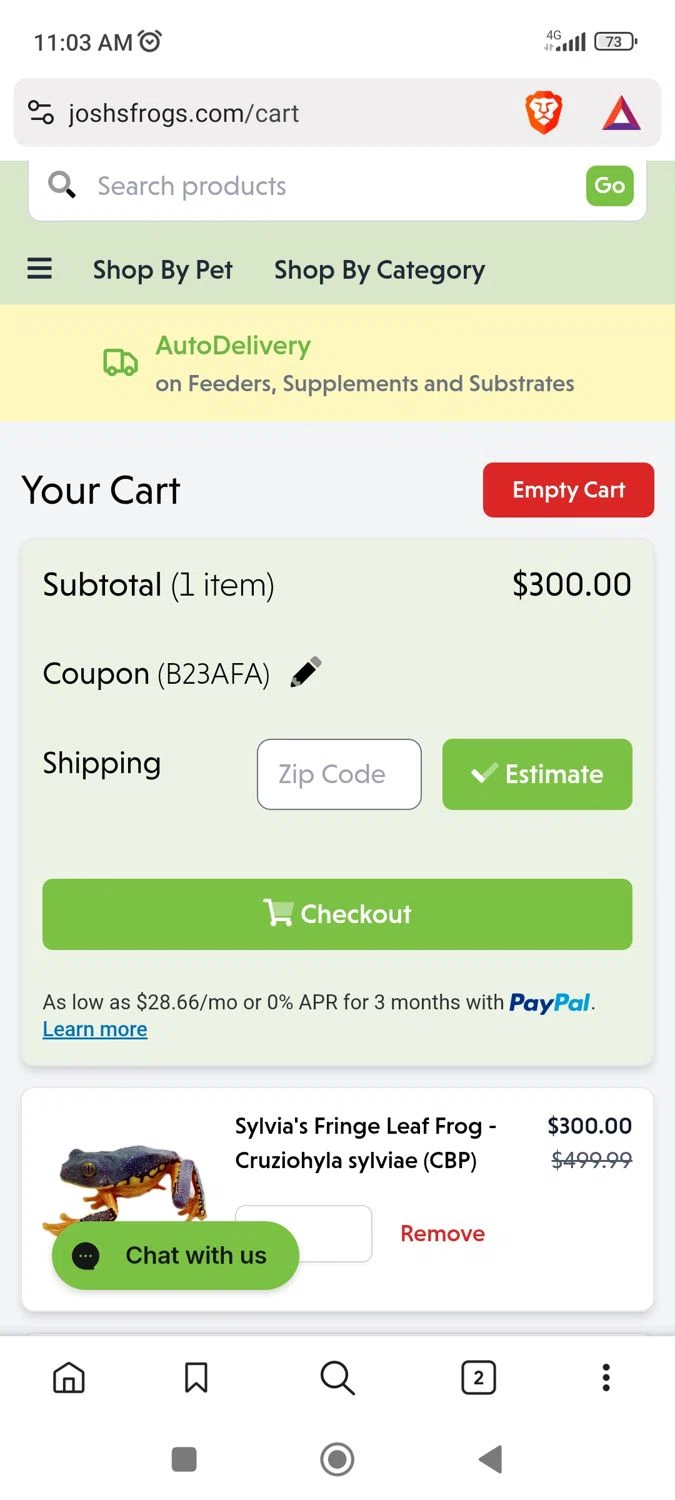 Josh's Frogs coupon code screenshot showing code B23AFA applied at Josh's Frogs checkout page. Uploaded by SimplyCodes community member ukemochi on Jun 18, 2025