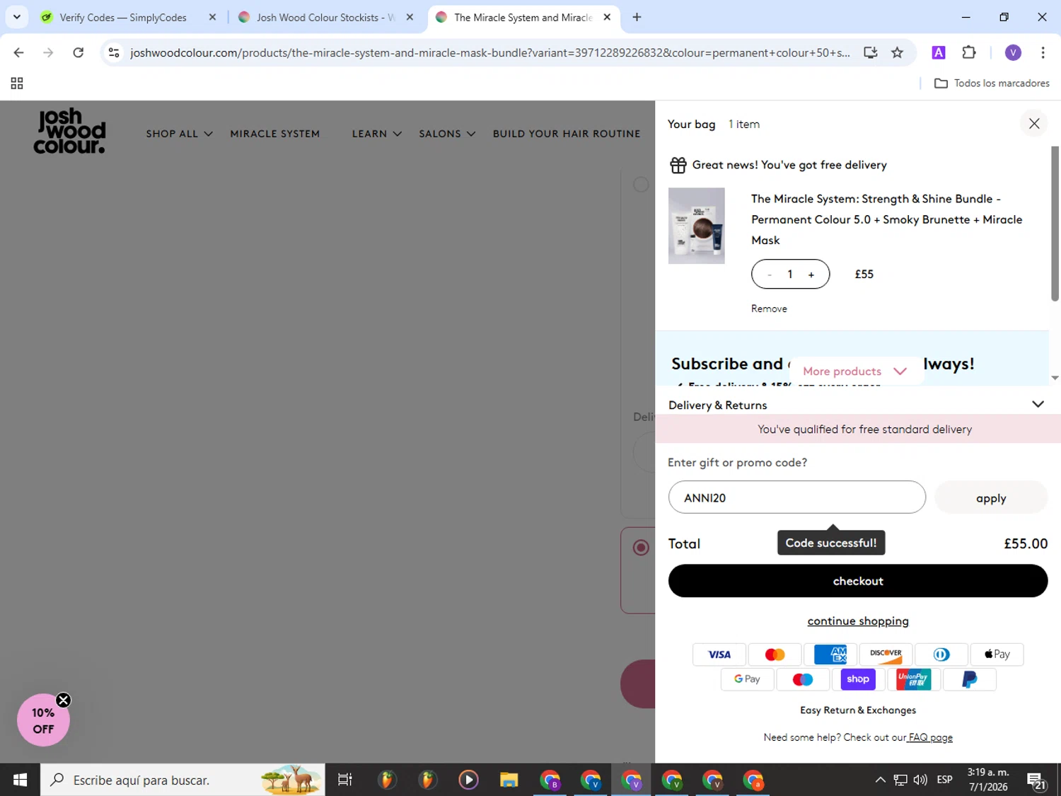 Josh Wood Colour discount code screenshot showing code ANNI20 applied at Josh Wood Colour checkout page. Uploaded by SimplyCodes community member Gianpiero on Jan 7, 2026