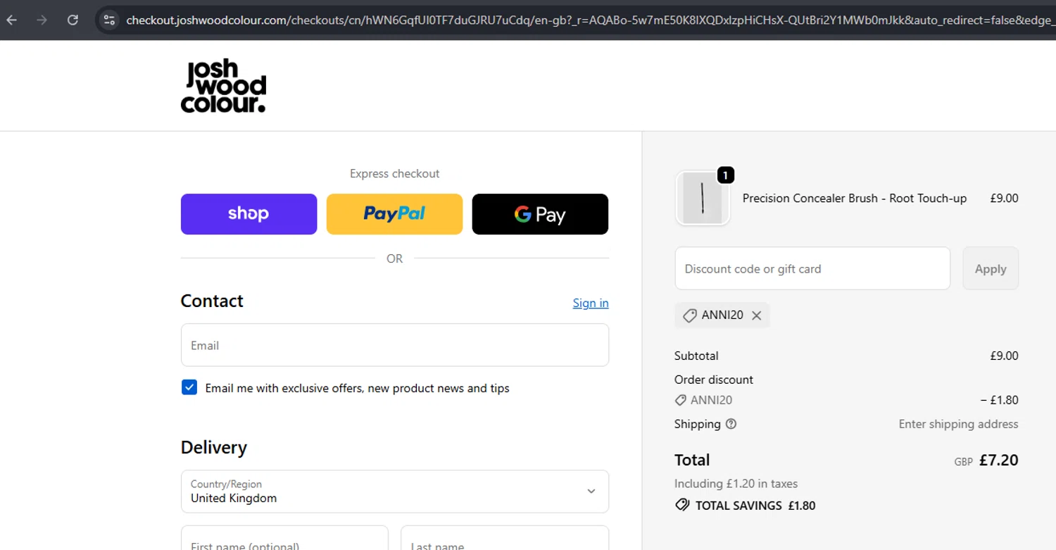 Josh Wood Colour discount code screenshot showing code ANNI20 applied at Josh Wood Colour checkout page. Uploaded by SimplyCodes community member Mulan5674851292422 on Dec 10, 2025