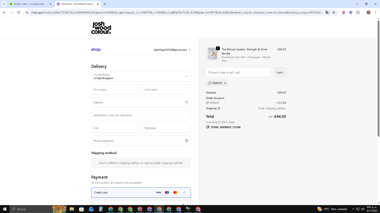 Josh Wood Colour discount code screenshot showing code ANNI20 applied at Josh Wood Colour checkout page. Uploaded by SimplyCodes community member pequenokalvin5 on Nov 9, 2025
