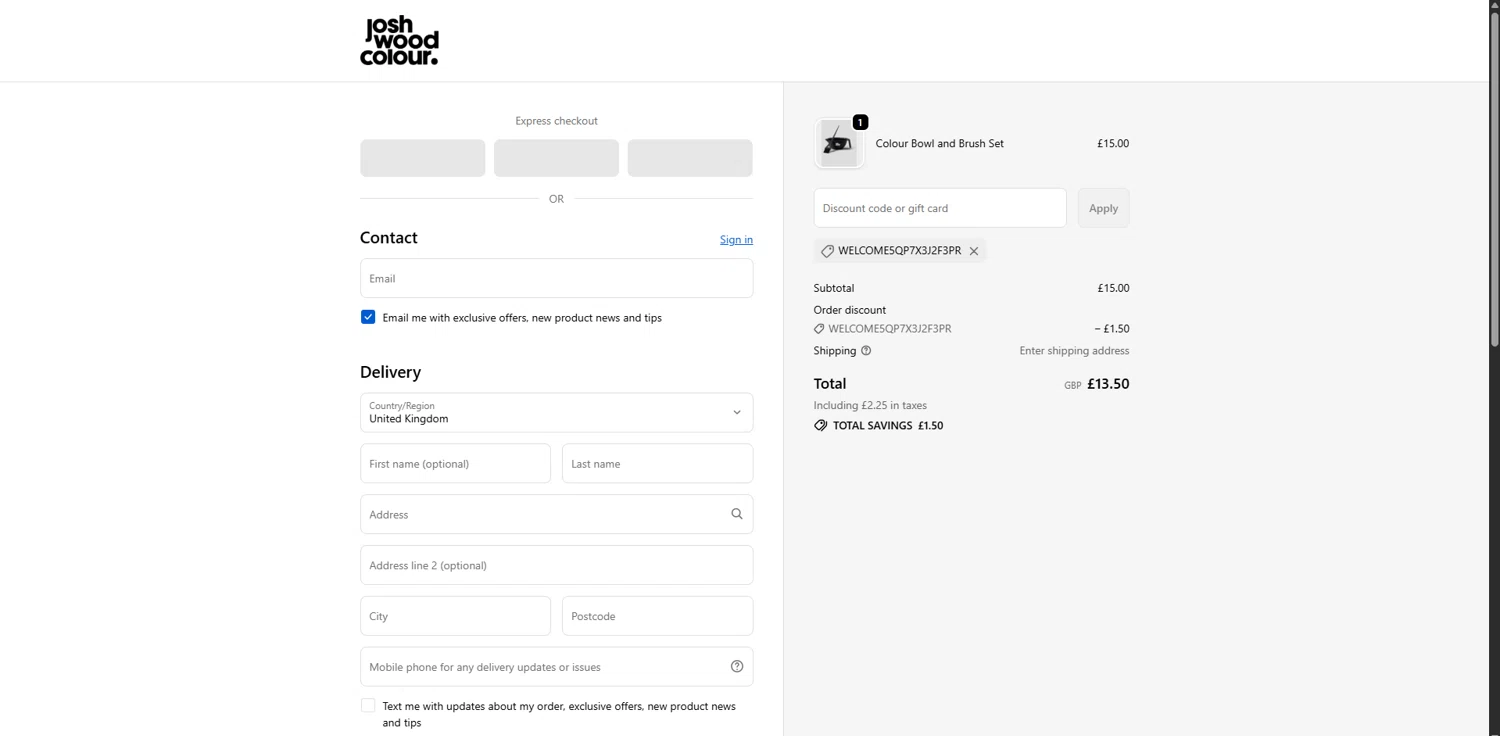 Josh Wood Colour discount code screenshot showing code WELCOME5QP7X3J2F3PR applied at Josh Wood Colour checkout page. Uploaded by SimplyCodes community member MagnificentTitan8616 on Nov 29, 2025