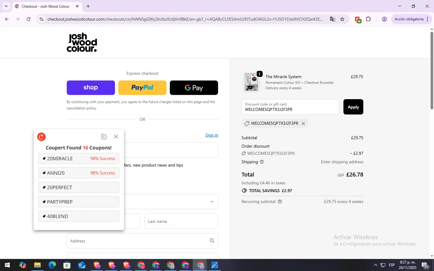 Josh Wood Colour discount code screenshot showing code WELCOME5QP7X3J2F3PR applied at Josh Wood Colour checkout page. Uploaded by SimplyCodes community member Repollito18 on Nov 25, 2025