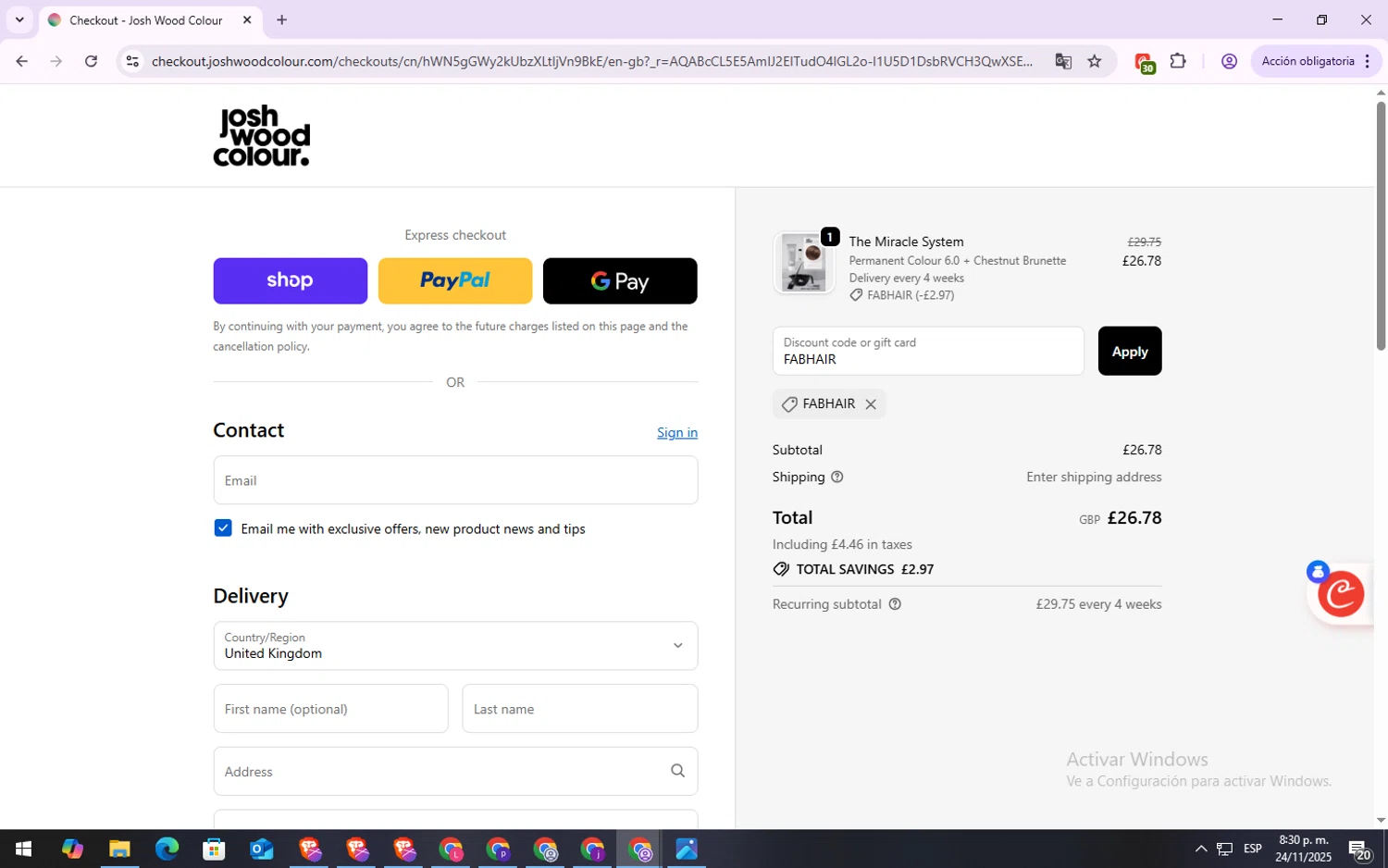 Josh Wood Colour discount code screenshot showing code FABHAIR applied at Josh Wood Colour checkout page. Uploaded by SimplyCodes community member Repollito18 on Nov 25, 2025