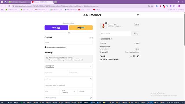 Josie Maran checkout page showing Josie Maran discount code box | Screenshot taken by SimplyCodes community member on Aug 27, 2025