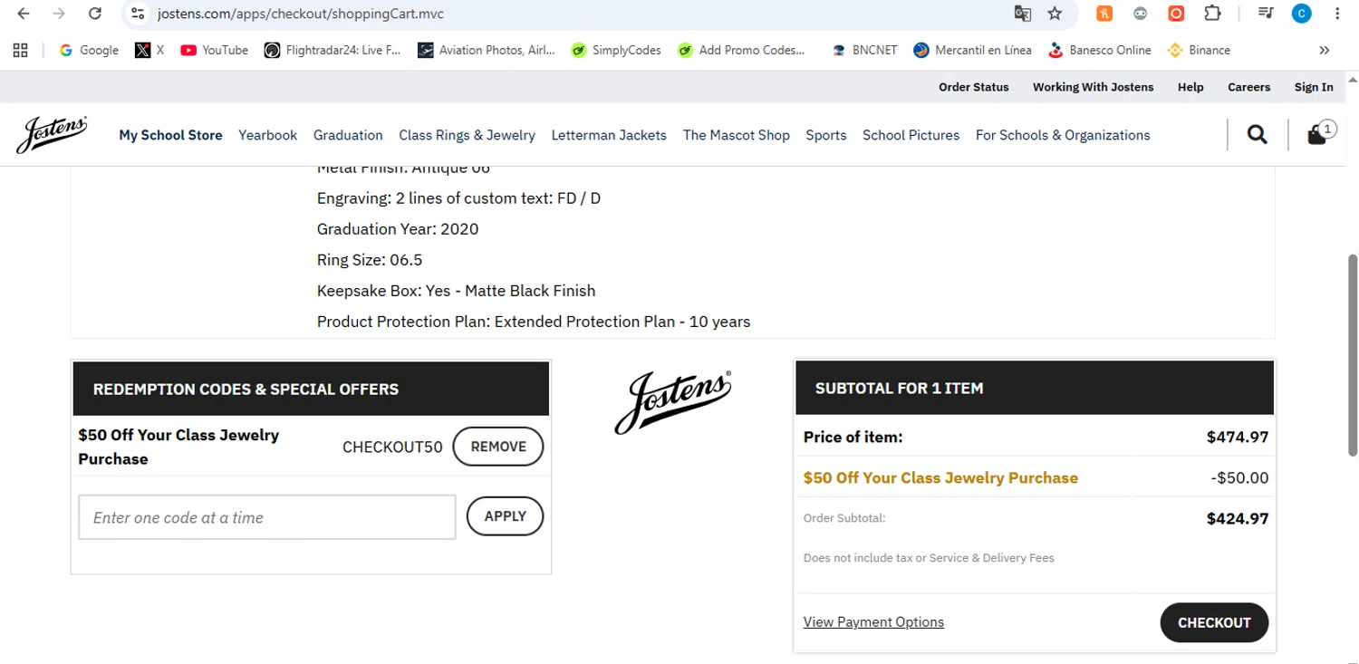 Jostens promo code screenshot showing code CHECKOUT50 applied at Jostens checkout page. Uploaded by SimplyCodes community member victor on Jun 17, 2026