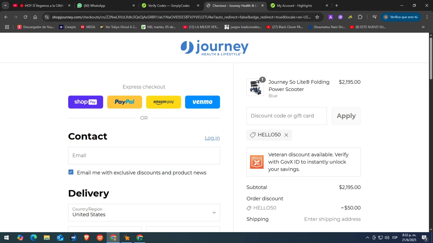 Journey Health & Lifestyle promo code screenshot showing code hello50 applied at Journey Health & Lifestyle checkout page. Uploaded by SimplyCodes community member JuanChi on Jun 22, 2025