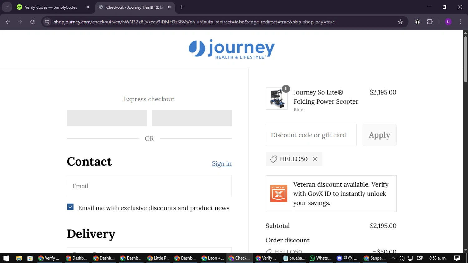 Journey Health & Lifestyle promo code screenshot showing code hello50 applied at Journey Health & Lifestyle checkout page. Uploaded by SimplyCodes community member NATAAAAAANAELCANO on Sep 16, 2025