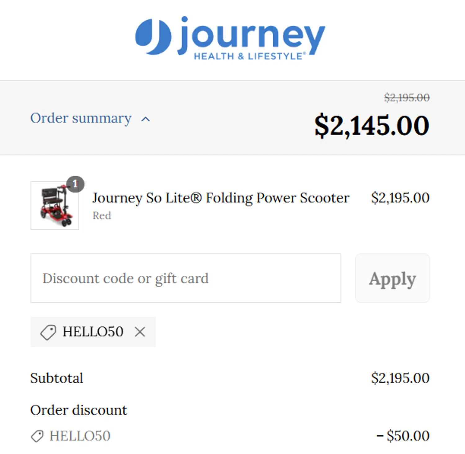 Journey Health & Lifestyle promo code screenshot showing code hello50 applied at Journey Health & Lifestyle checkout page. Uploaded by SimplyCodes community member Pinkicuat on Aug 9, 2025