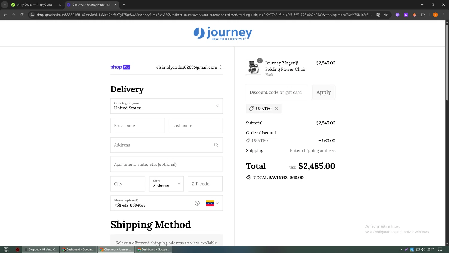Journey Health & Lifestyle promo code screenshot showing code USAT60 applied at Journey Health & Lifestyle checkout page. Uploaded by SimplyCodes community member MangoFC on Aug 9, 2025