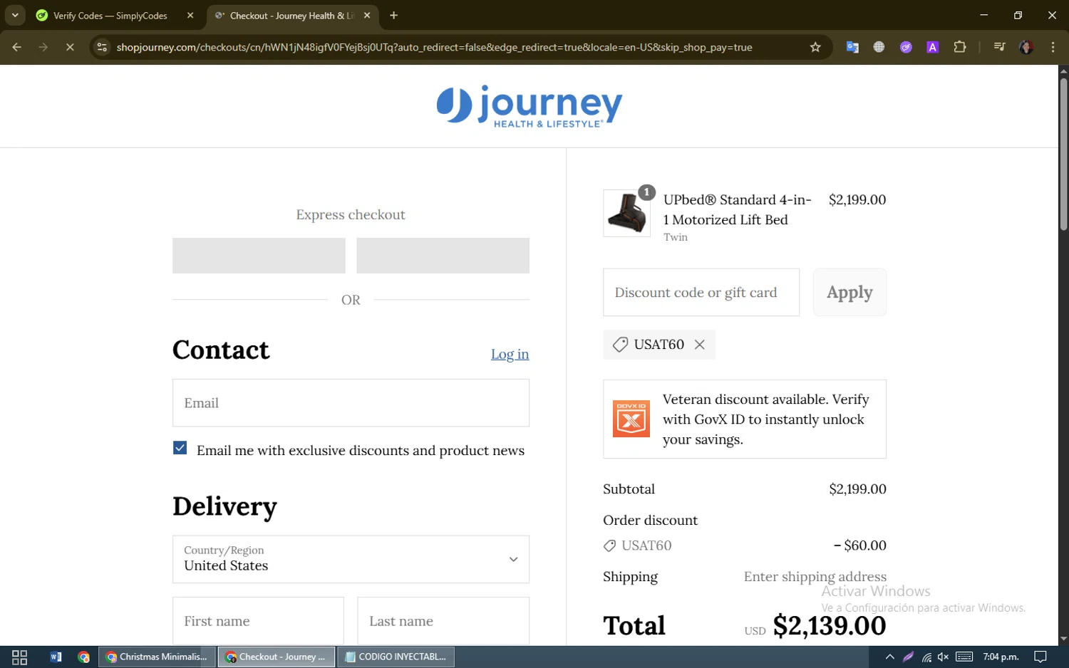 Journey Health & Lifestyle promo code screenshot showing code USAT60 applied at Journey Health & Lifestyle checkout page. Uploaded by SimplyCodes community member oooooi on Aug 12, 2025