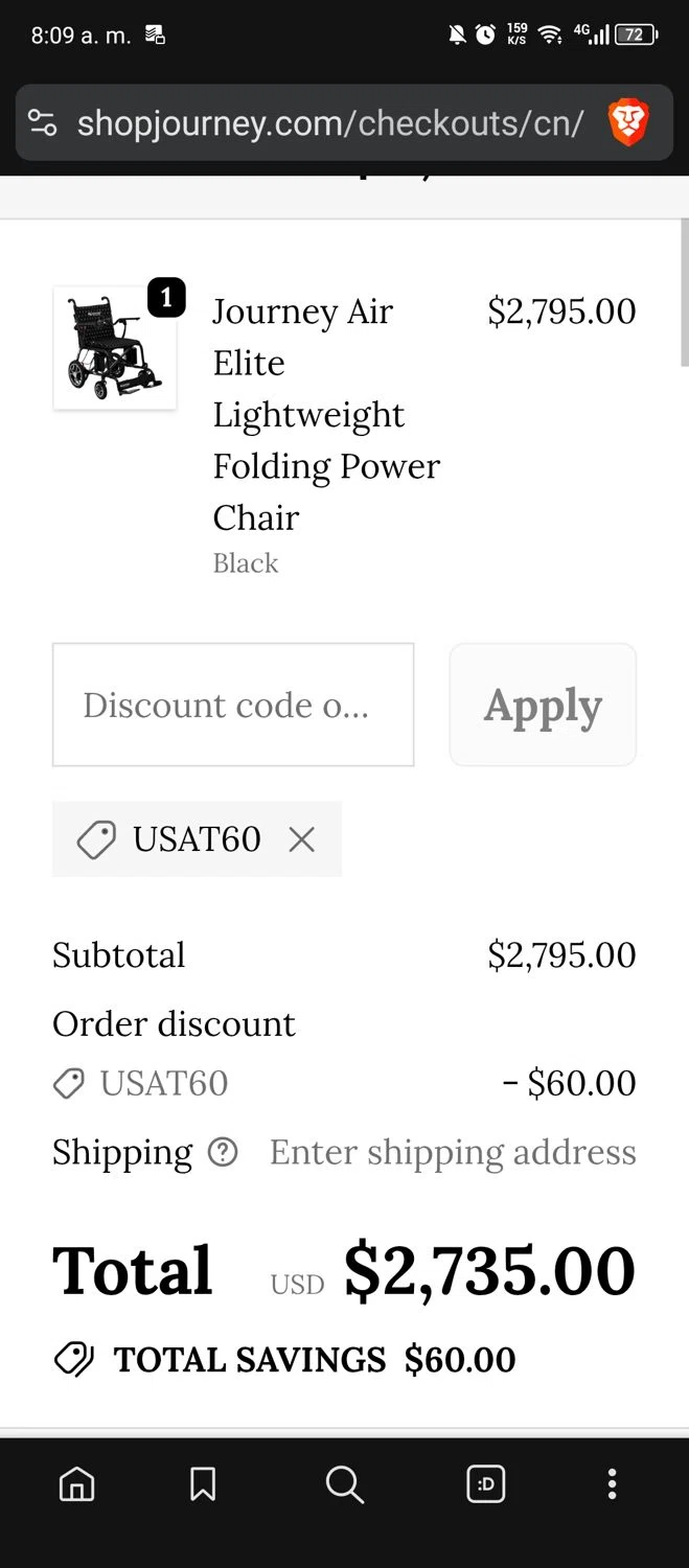 Journey Health & Lifestyle promo code screenshot showing code USAT60 applied at Journey Health & Lifestyle checkout page. Uploaded by SimplyCodes community member usermariee on Nov 19, 2025
