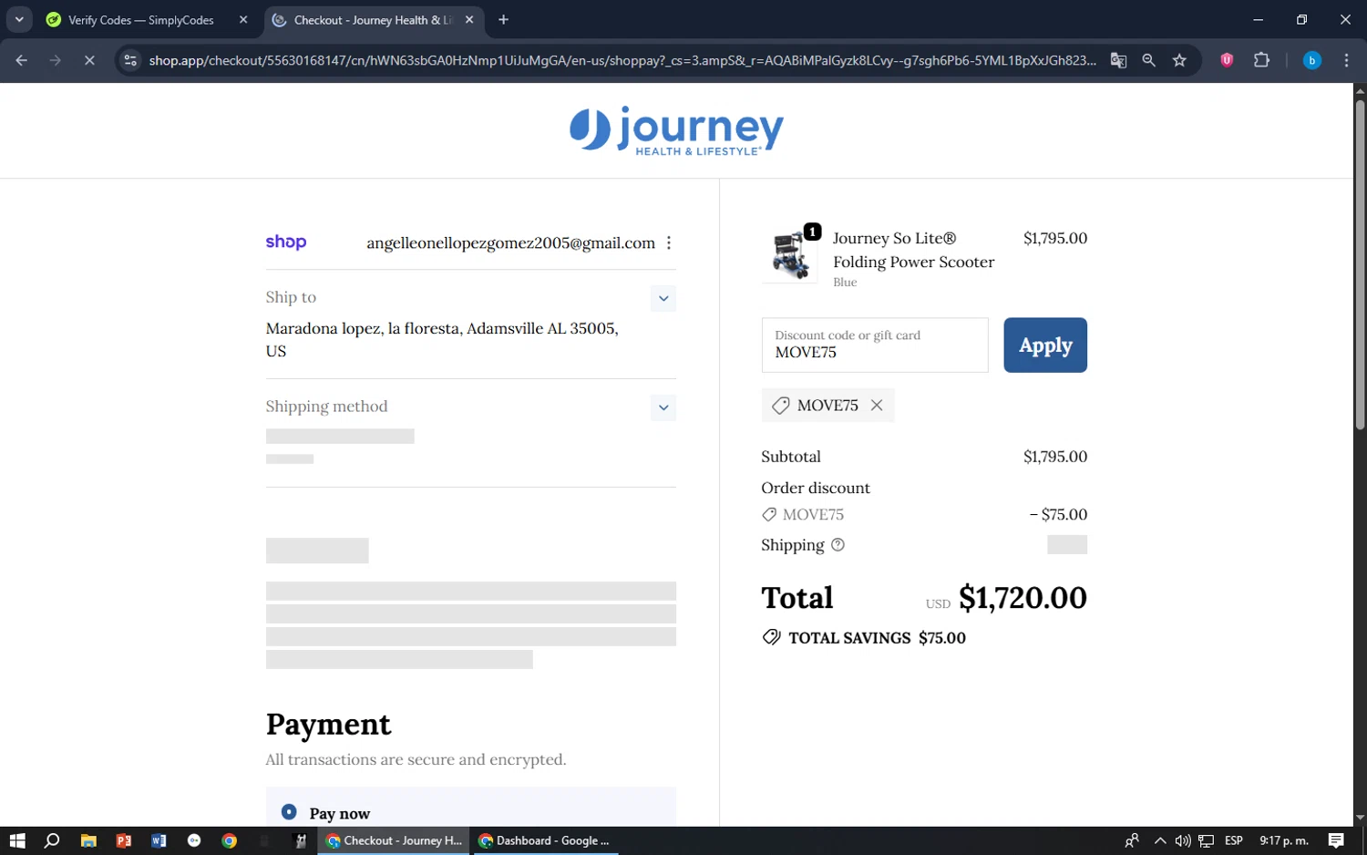 Journey Health & Lifestyle promo code screenshot showing code MOVE75 applied at Journey Health & Lifestyle checkout page. Uploaded by SimplyCodes community member bilijr on Dec 5, 2025