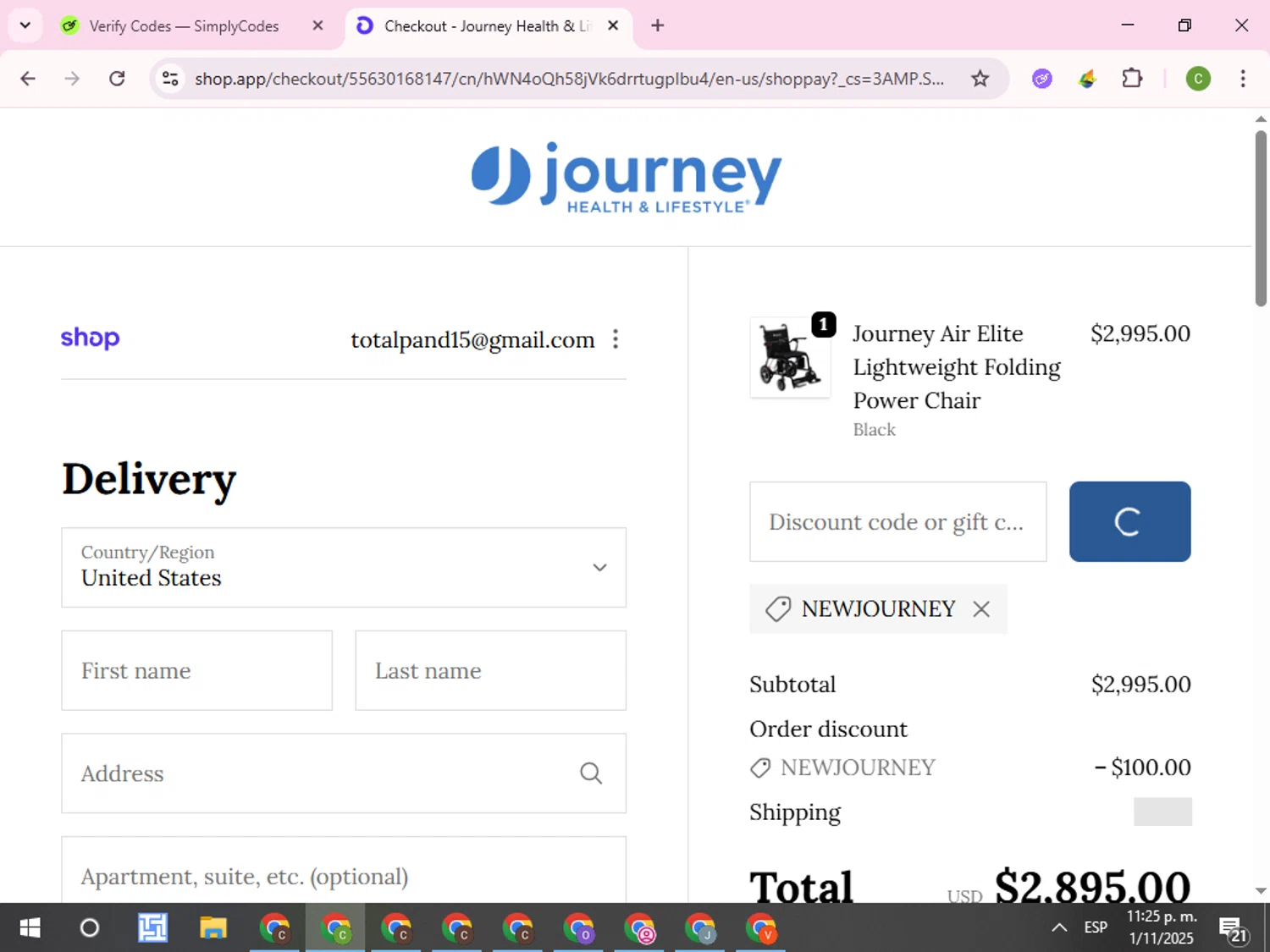 Journey Health & Lifestyle promo code screenshot showing code NEWJOURNEY applied at Journey Health & Lifestyle checkout page. Uploaded by SimplyCodes community member RoyalKnight4673 on Nov 2, 2025