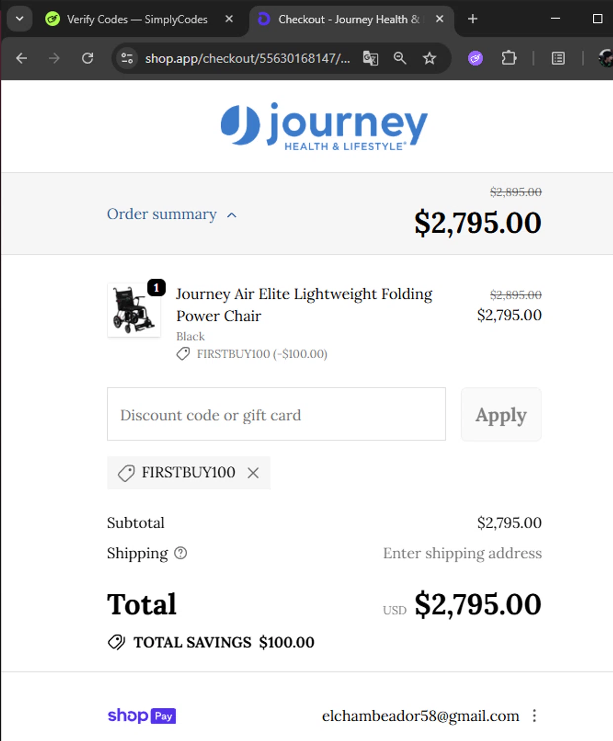 Journey Health & Lifestyle checkout page showing Journey Health & Lifestyle promo code box | Screenshot taken by SimplyCodes community member on Jan 7, 2026