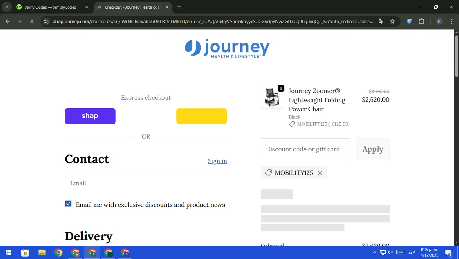 Journey Health & Lifestyle promo code screenshot showing code MOBILITY125 applied at Journey Health & Lifestyle checkout page. Uploaded by SimplyCodes community member pajarito on Dec 5, 2025