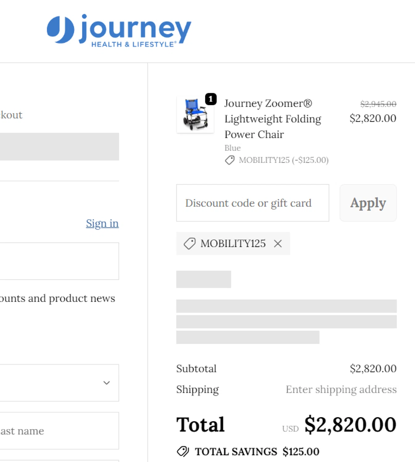 Journey Health & Lifestyle promo code screenshot showing code MOBILITY125 applied at Journey Health & Lifestyle checkout page. Uploaded by SimplyCodes community member LALOCOMOTORA10 on Oct 27, 2025
