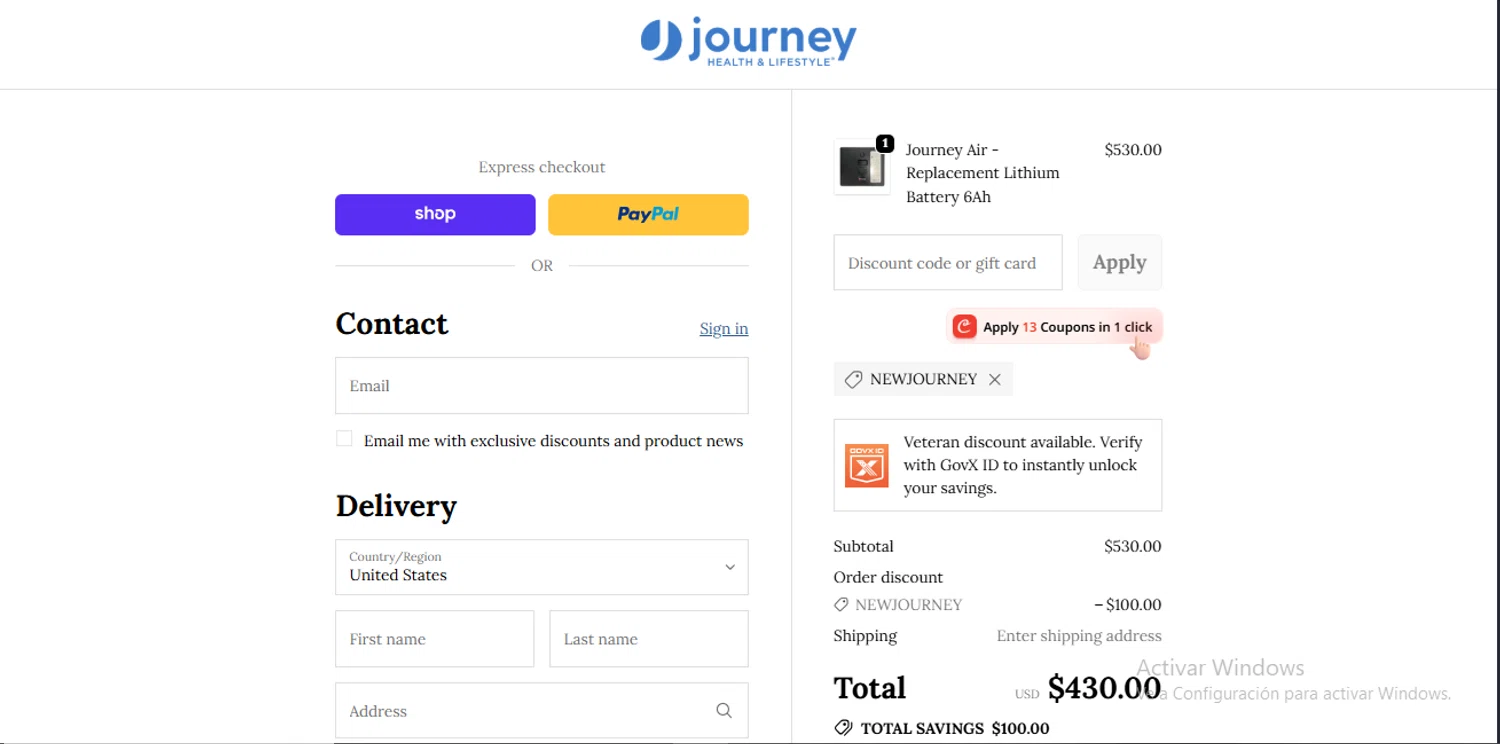 Journey Health & Lifestyle promo code screenshot showing code NEWJOURNEY applied at Journey Health & Lifestyle checkout page. Uploaded by SimplyCodes community member RewardLynx9164 on Oct 9, 2025