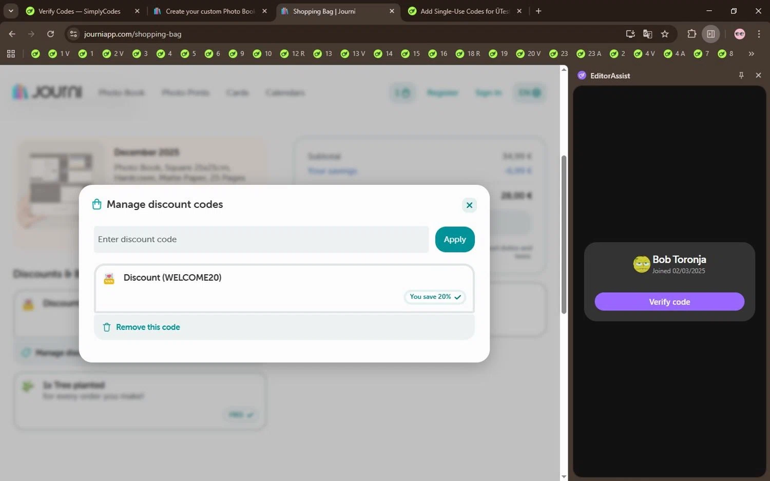 Journi discount code screenshot showing code WELCOME20 applied at Journi checkout page. Uploaded by SimplyCodes community member Locura on Dec 8, 2025