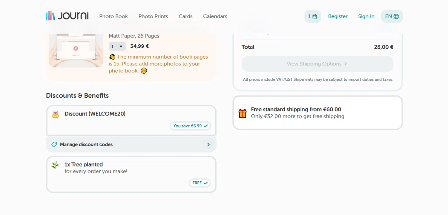 Journi discount code screenshot showing code WELCOME20 applied at Journi checkout page. Uploaded by SimplyCodes community member MoneyHunter5624 on Oct 11, 2025