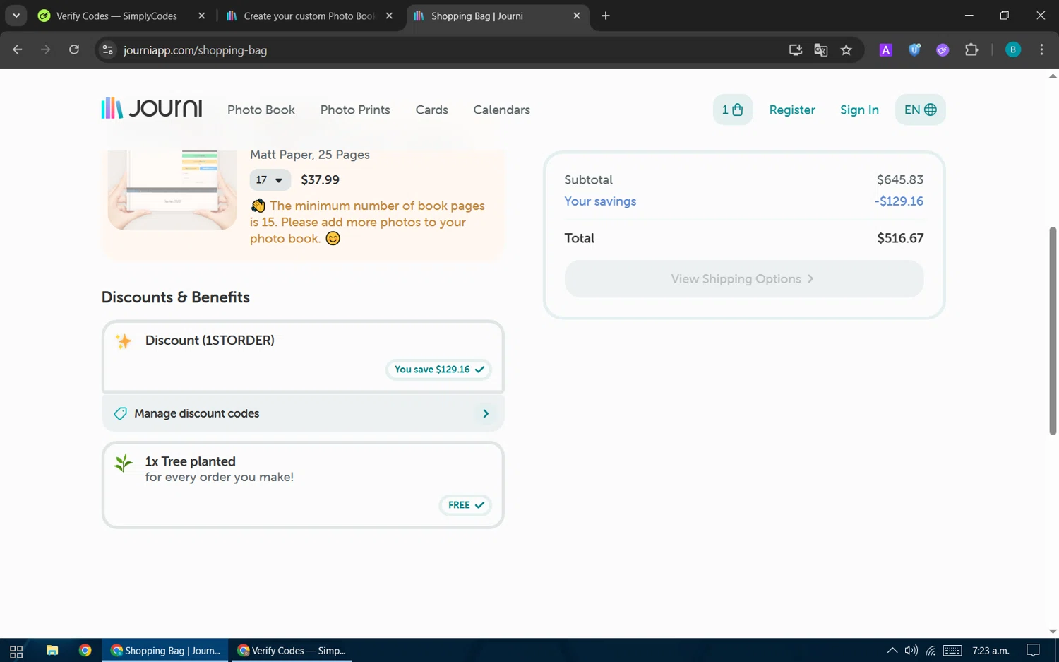 Journi discount code screenshot showing code 1STORDER applied at Journi checkout page. Uploaded by SimplyCodes community member CleverPilot5845 on Oct 18, 2025