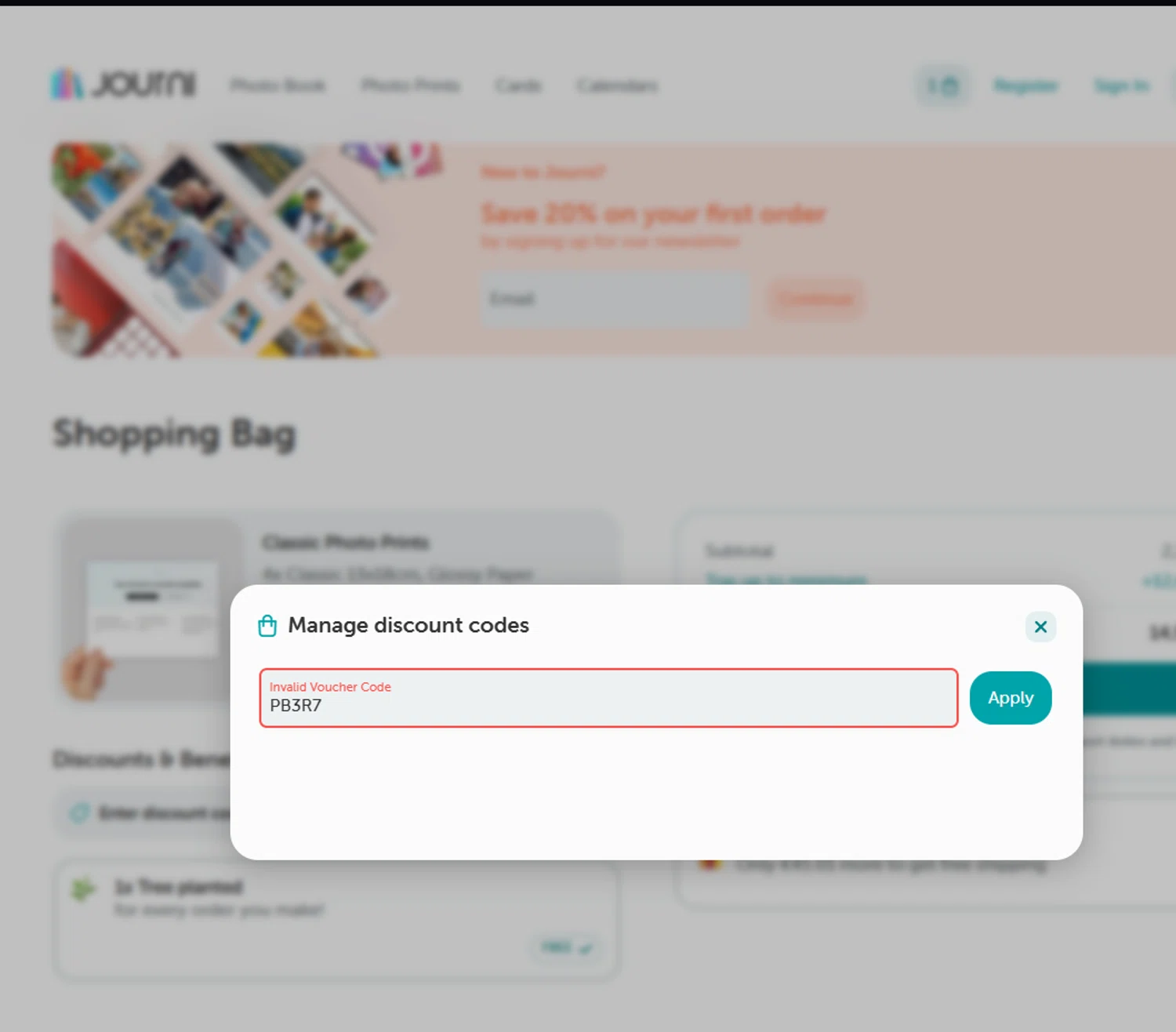 Journi discount code screenshot showing code PB3R7 applied at Journi checkout page. Uploaded by SimplyCodes community member Halanweik on Jan 27, 2026